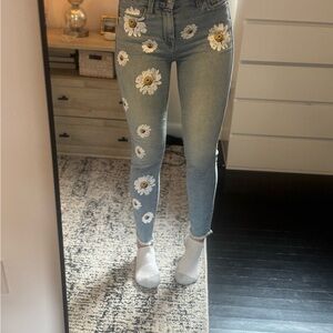 7 For All Mankind Light Blue Daisy Embroidered Skinny Jeans